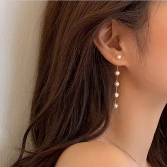 925 Sterling Silver Pearl Link Drop Stud Earrings - Picture 4 of 7